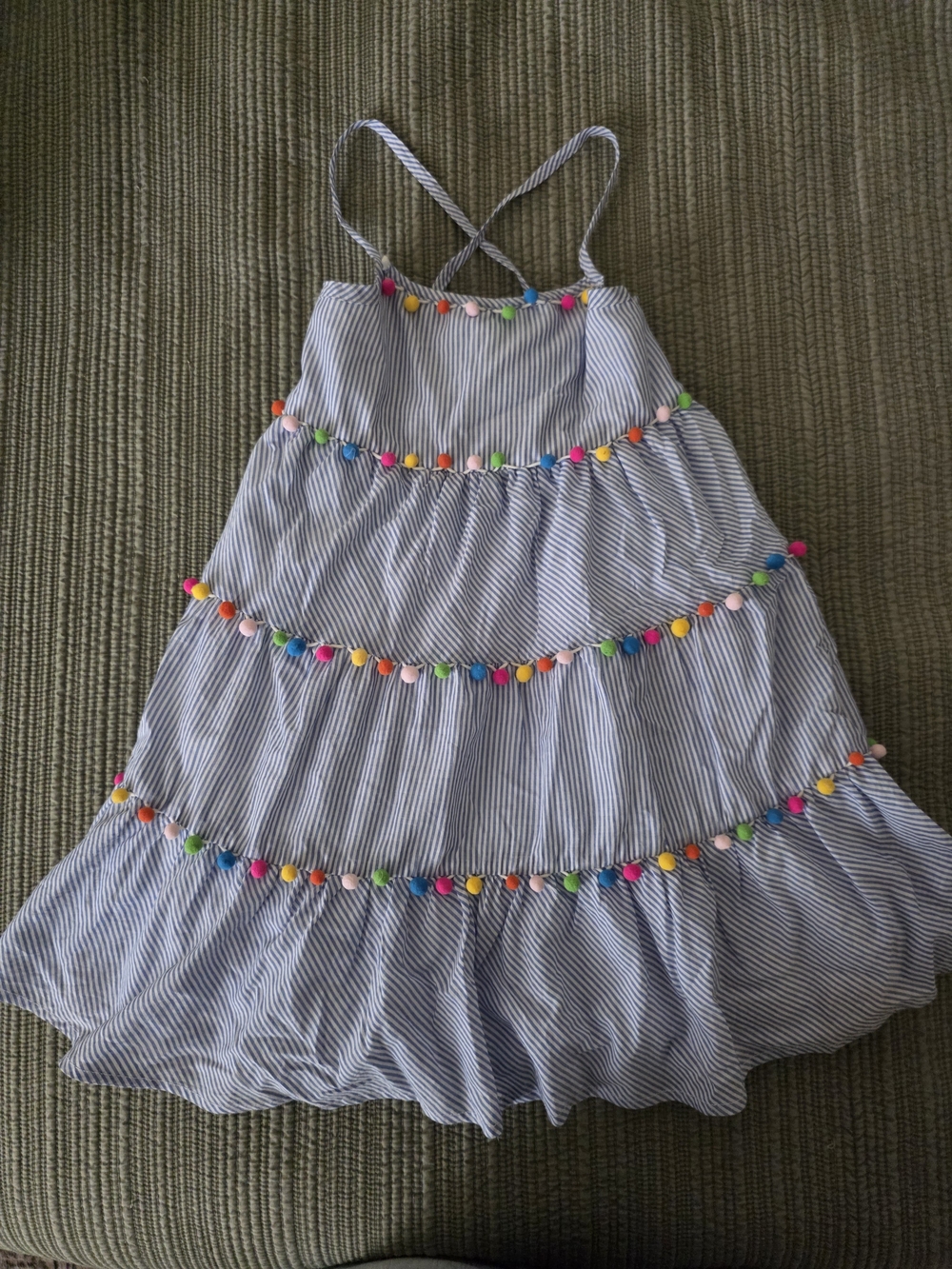 Girls 7 Maggie & Zoe Blue and White Striped Dress with Colorful Poms